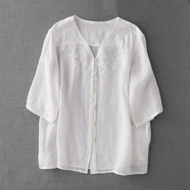 Buddha Stones Artistic Pure Color Embroiderd Front Button Design Women's Cotton Half Sleeve Shirt Cardigan