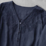 Buddha Stones Artistic Pure Color Embroiderd Front Button Design Women's Cotton Half Sleeve Shirt Cardigan