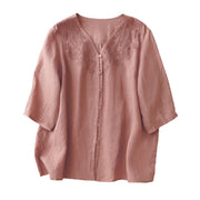 Buddha Stones Artistic Pure Color Embroiderd Front Button Design Women's Cotton Half Sleeve Shirt Cardigan