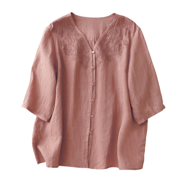 Buddha Stones Artistic Pure Color Embroiderd Front Button Design Women's Cotton Half Sleeve Shirt Cardigan