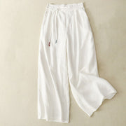 Buddha Stones Spring Casual Solid Color Drawstring Design  Women's Cotton Linen 7-8 Length Wide Leg Pants With Pockets
