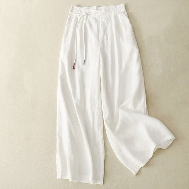 Buddha Stones Spring Casual Solid Color Drawstring Design  Women's Cotton Linen 7-8 Length Wide Leg Pants With Pockets