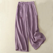 Buddha Stones Spring Casual Solid Color Drawstring Design  Women's Cotton Linen 7-8 Length Wide Leg Pants With Pockets