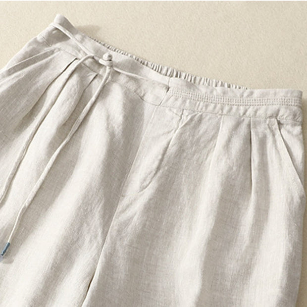 Buddha Stones Spring Casual Solid Color Drawstring Design  Women's Cotton Linen 7-8 Length Wide Leg Pants With Pockets