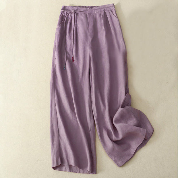 Buddha Stones Spring Casual Solid Color Drawstring Design  Women's Cotton Linen 7-8 Length Wide Leg Pants With Pockets