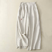 Buddha Stones Spring Casual Solid Color Drawstring Design  Women's Cotton Linen 7-8 Length Wide Leg Pants With Pockets