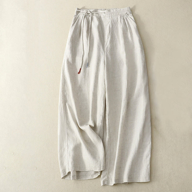 Buddha Stones Spring Casual Solid Color Drawstring Design  Women's Cotton Linen 7-8 Length Wide Leg Pants With Pockets