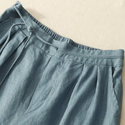 Buddha Stones Spring Casual Solid Color Drawstring Design  Women's Cotton Linen 7-8 Length Wide Leg Pants With Pockets
