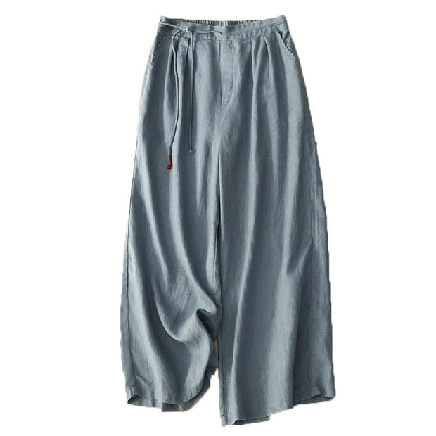 Buddha Stones Spring Casual Solid Color Drawstring Design  Women's Cotton Linen 7-8 Length Wide Leg Pants With Pockets