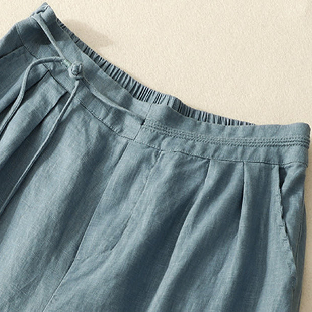 Buddha Stones Spring Casual Solid Color Drawstring Design  Women's Cotton Linen 7-8 Length Wide Leg Pants With Pockets