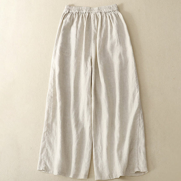 Buddha Stones Spring Casual Solid Color Drawstring Design  Women's Cotton Linen 7-8 Length Wide Leg Pants With Pockets