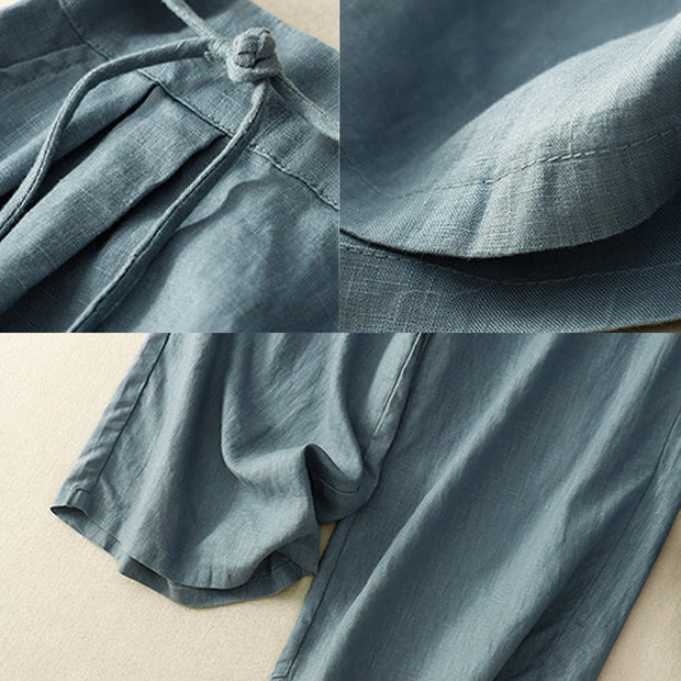 Buddha Stones Spring Casual Solid Color Drawstring Design  Women's Cotton Linen 7-8 Length Wide Leg Pants With Pockets