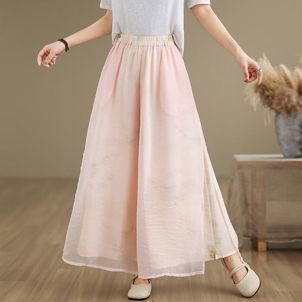 Buddha Stones Spring Vintage Printing Plant Pattern Double Layer Design Women's Cotton Wide Leg Pants With Pockets