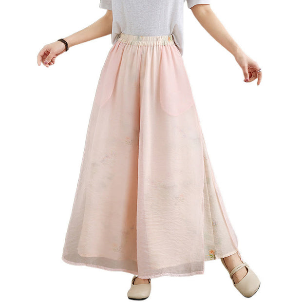Buddha Stones Spring Vintage Printing Plant Pattern Double Layer Design Women's Cotton Wide Leg Pants With Pockets