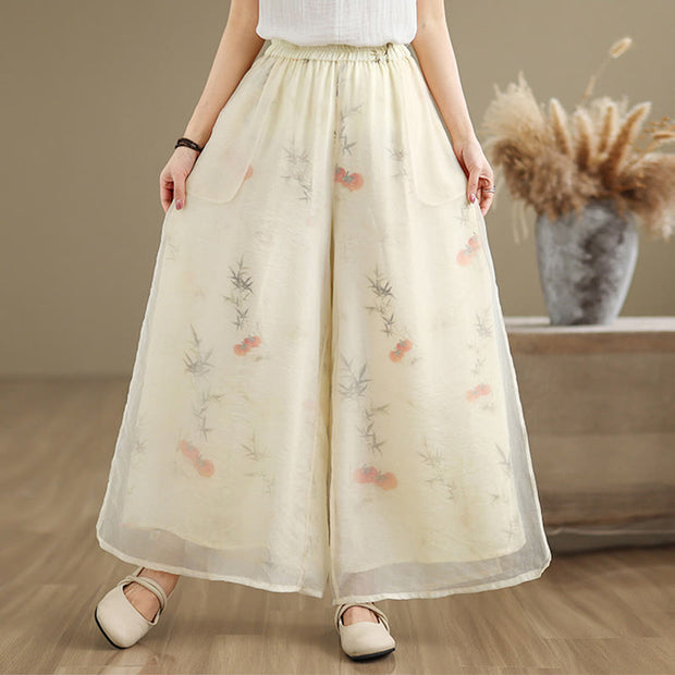 Buddha Stones Spring Vintage Printing Plant Pattern Double Layer Design Women's Cotton Wide Leg Pants With Pockets