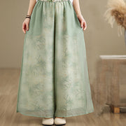 Buddha Stones Spring Vintage Printing Plant Pattern Double Layer Design Women's Cotton Wide Leg Pants With Pockets
