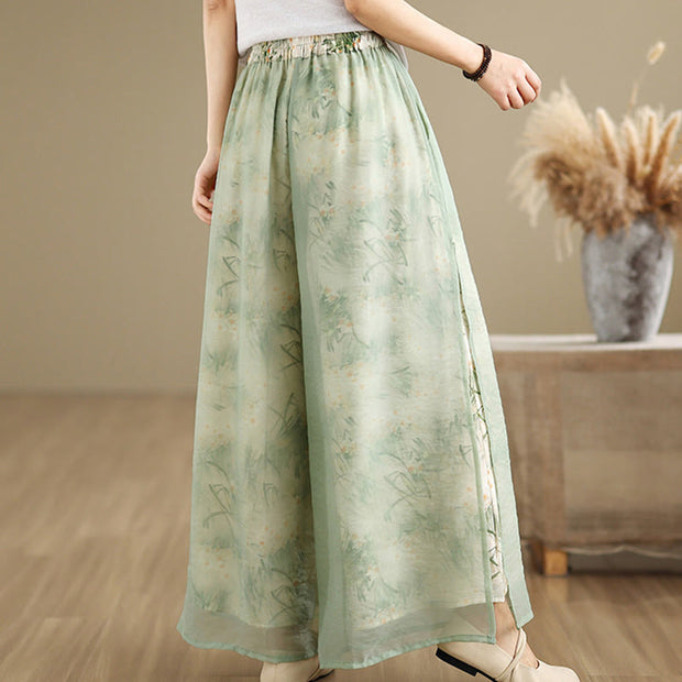 Buddha Stones Spring Vintage Printing Plant Pattern Double Layer Design Women's Cotton Wide Leg Pants With Pockets