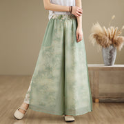 Buddha Stones Spring Vintage Printing Plant Pattern Double Layer Design Women's Cotton Wide Leg Pants With Pockets