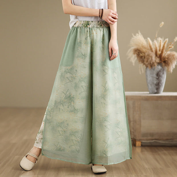 Buddha Stones Spring Vintage Printing Plant Pattern Double Layer Design Women's Cotton Wide Leg Pants With Pockets