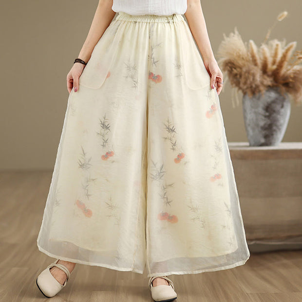 Buddha Stones Spring Vintage Printing Plant Pattern Double Layer Design Women's Cotton Wide Leg Pants With Pockets