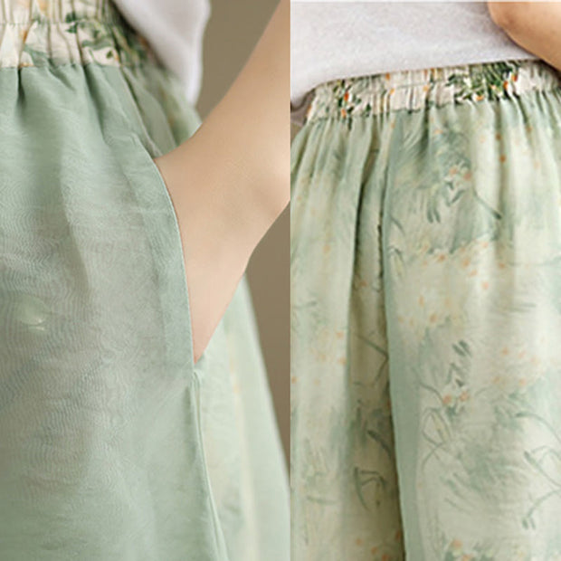Buddha Stones Spring Vintage Printing Plant Pattern Double Layer Design Women's Cotton Wide Leg Pants With Pockets
