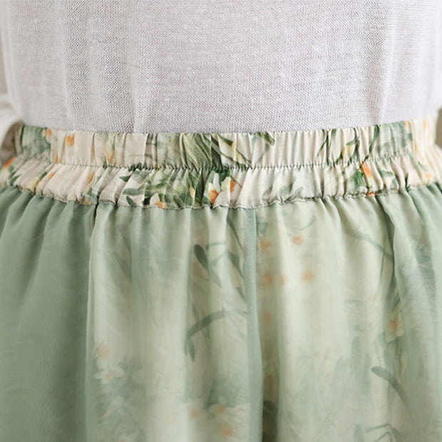 Buddha Stones Spring Vintage Printing Plant Pattern Double Layer Design Women's Cotton Wide Leg Pants With Pockets