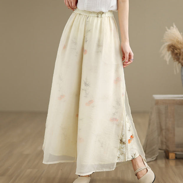 Buddha Stones Spring Vintage Printing Plant Pattern Double Layer Design Women's Cotton Wide Leg Pants With Pockets