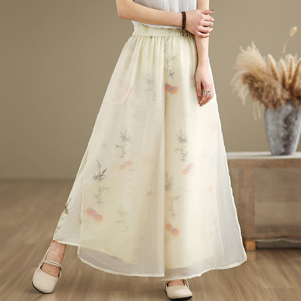 Buddha Stones Spring Vintage Printing Plant Pattern Double Layer Design Women's Cotton Wide Leg Pants With Pockets