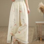 Buddha Stones Spring Vintage Printing Plant Pattern Double Layer Design Women's Cotton Wide Leg Pants With Pockets