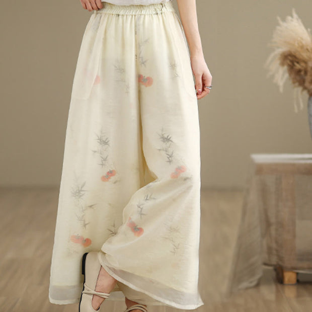 Buddha Stones Spring Vintage Printing Plant Pattern Double Layer Design Women's Cotton Wide Leg Pants With Pockets