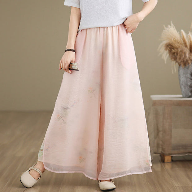 Buddha Stones Spring Vintage Printing Plant Pattern Double Layer Design Women's Cotton Wide Leg Pants With Pockets