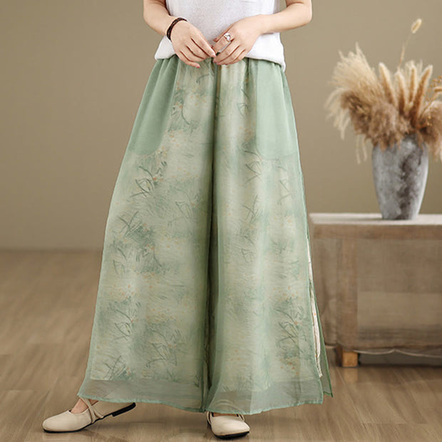 Buddha Stones Spring Vintage Printing Plant Pattern Double Layer Design Women's Cotton Wide Leg Pants With Pockets