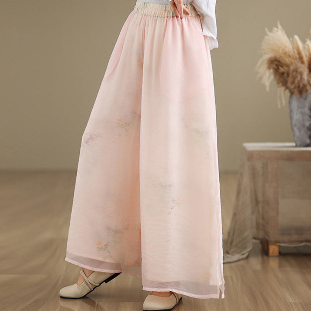 Buddha Stones Spring Vintage Printing Plant Pattern Double Layer Design Women's Cotton Wide Leg Pants With Pockets