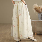Buddha Stones Spring Vintage Printing Plant Pattern Double Layer Design Women's Cotton Wide Leg Pants With Pockets