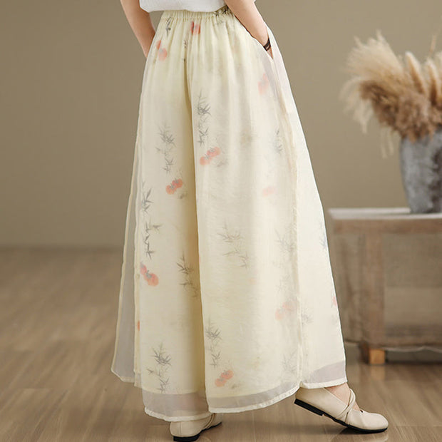Buddha Stones Spring Vintage Printing Plant Pattern Double Layer Design Women's Cotton Wide Leg Pants With Pockets