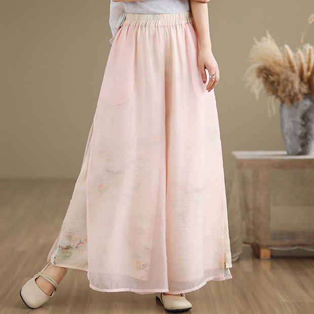Buddha Stones Spring Vintage Printing Plant Pattern Double Layer Design Women's Cotton Wide Leg Pants With Pockets