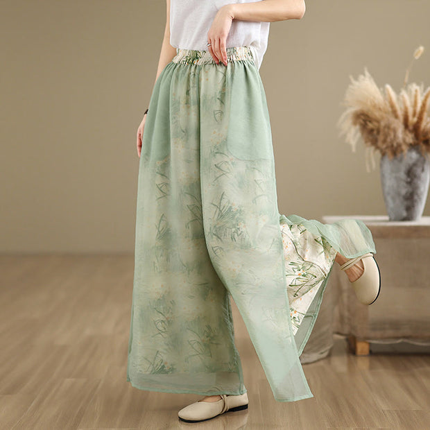 Buddha Stones Spring Vintage Printing Plant Pattern Double Layer Design Women's Cotton Wide Leg Pants With Pockets