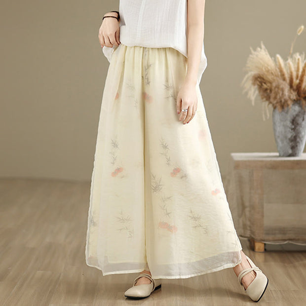 Buddha Stones Spring Vintage Printing Plant Pattern Double Layer Design Women's Cotton Wide Leg Pants With Pockets