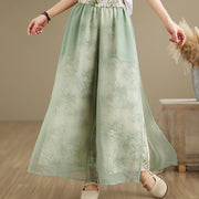 Buddha Stones Spring Vintage Printing Plant Pattern Double Layer Design Women's Cotton Wide Leg Pants With Pockets