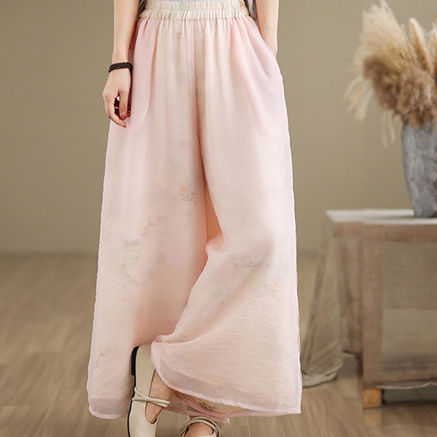Buddha Stones Spring Vintage Printing Plant Pattern Double Layer Design Women's Cotton Wide Leg Pants With Pockets