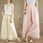 Buddha Stones Spring Vintage Printing Plant Pattern Double Layer Design Women's Cotton Wide Leg Pants With Pockets