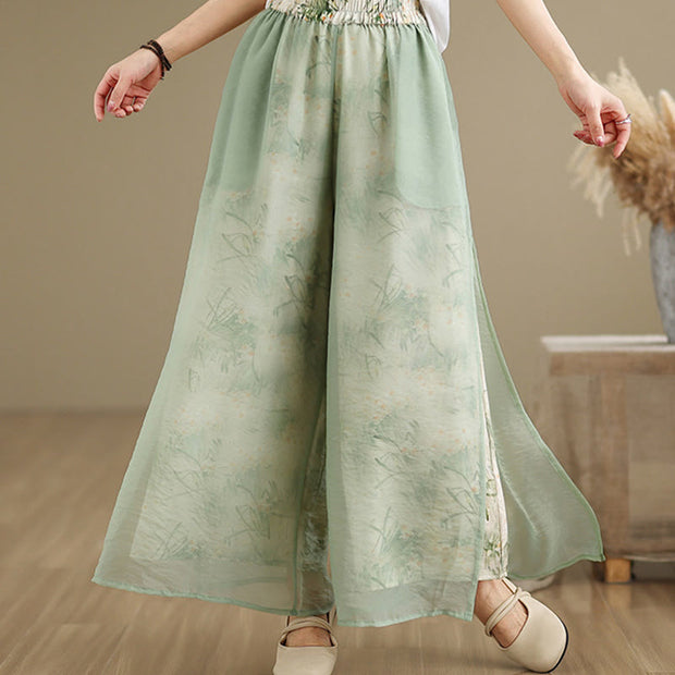 Buddha Stones Spring Vintage Printing Plant Pattern Double Layer Design Women's Cotton Wide Leg Pants With Pockets