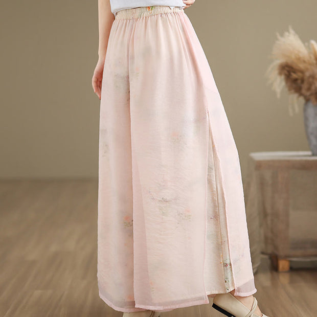 Buddha Stones Spring Vintage Printing Plant Pattern Double Layer Design Women's Cotton Wide Leg Pants With Pockets