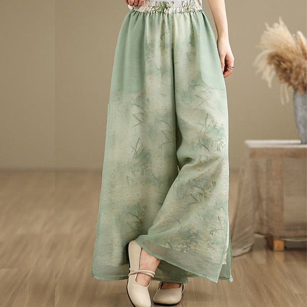 Buddha Stones Spring Vintage Printing Plant Pattern Double Layer Design Women's Cotton Wide Leg Pants With Pockets