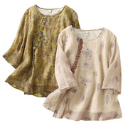 Buddha Stones Embroidery Design Leaves Women's Cotton Linen Three Quarter Sleeve Shirt