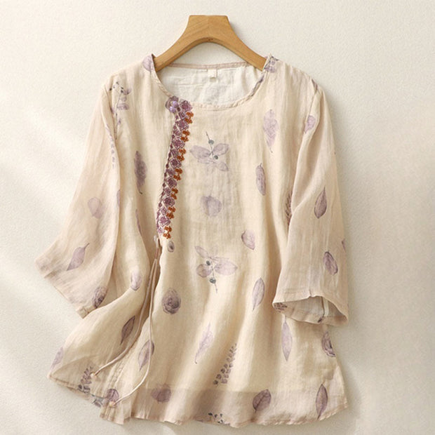 Buddha Stones Embroidery Design Leaves Women's Cotton Linen Three Quarter Sleeve Shirt