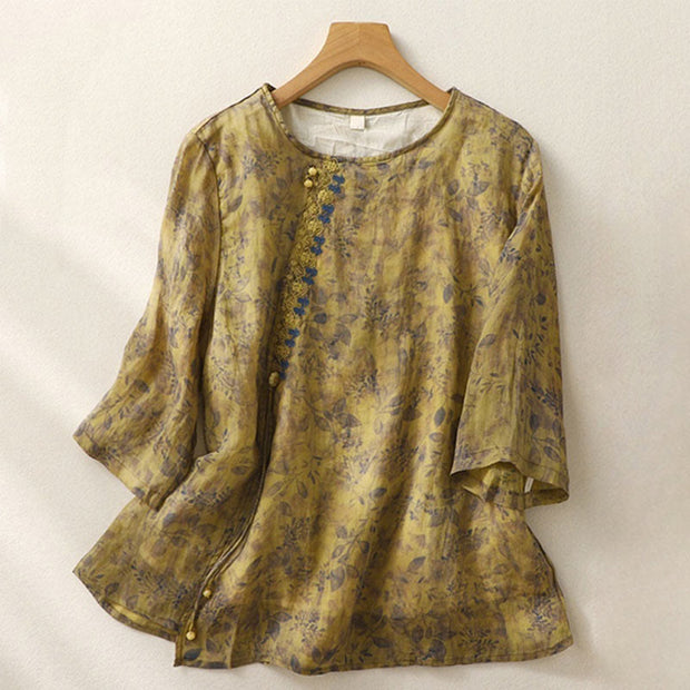 Buddha Stones Embroidery Design Leaves Women's Cotton Linen Three Quarter Sleeve Shirt
