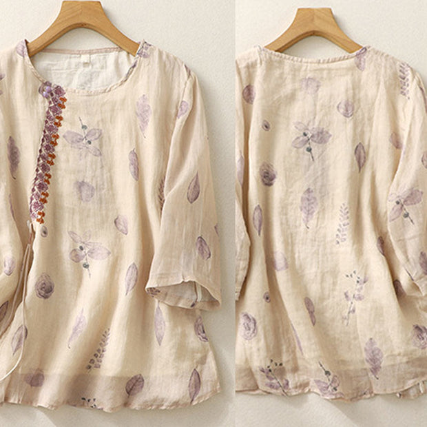 Buddha Stones Embroidery Design Leaves Women's Cotton Linen Three Quarter Sleeve Shirt