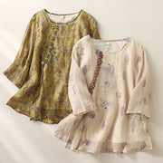 Buddha Stones Embroidery Design Leaves Women's Cotton Linen Three Quarter Sleeve Shirt