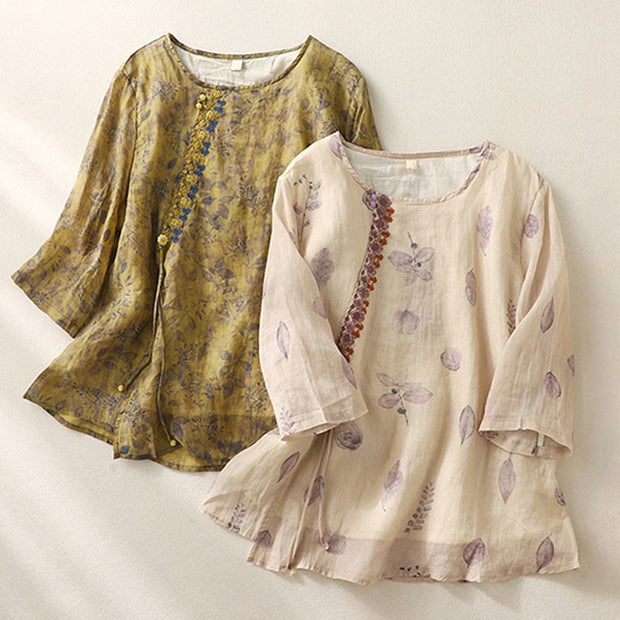 Buddha Stones Embroidery Design Leaves Women's Cotton Linen Three Quarter Sleeve Shirt